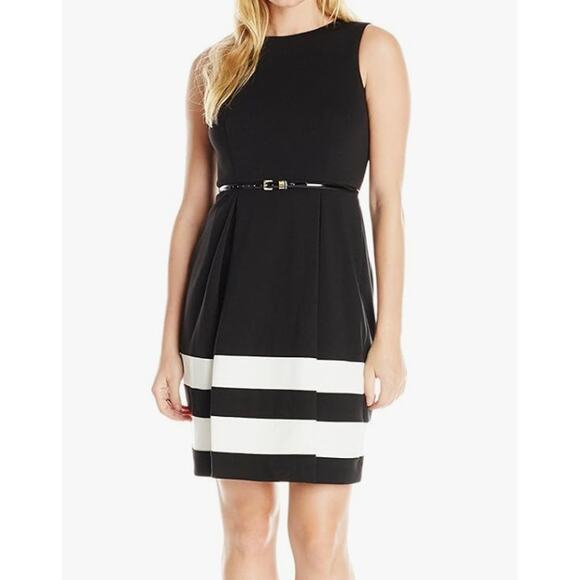 NWT Calvin Klein Belted Color Block Fit & Flare Dress Women Size 14 Black‎ White - Picture 1 of 8